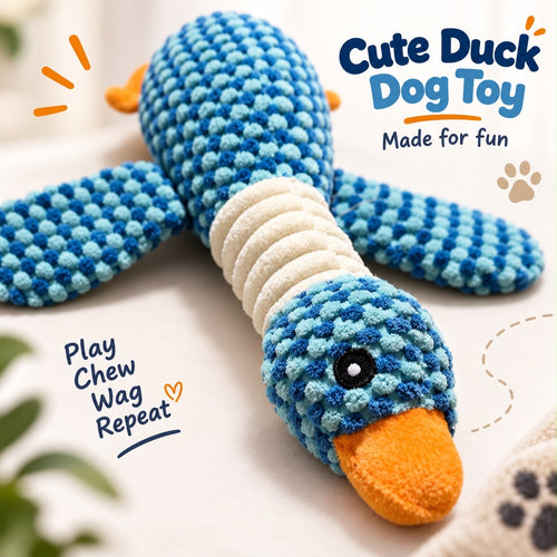Blue plush duck dog toy, alternate view