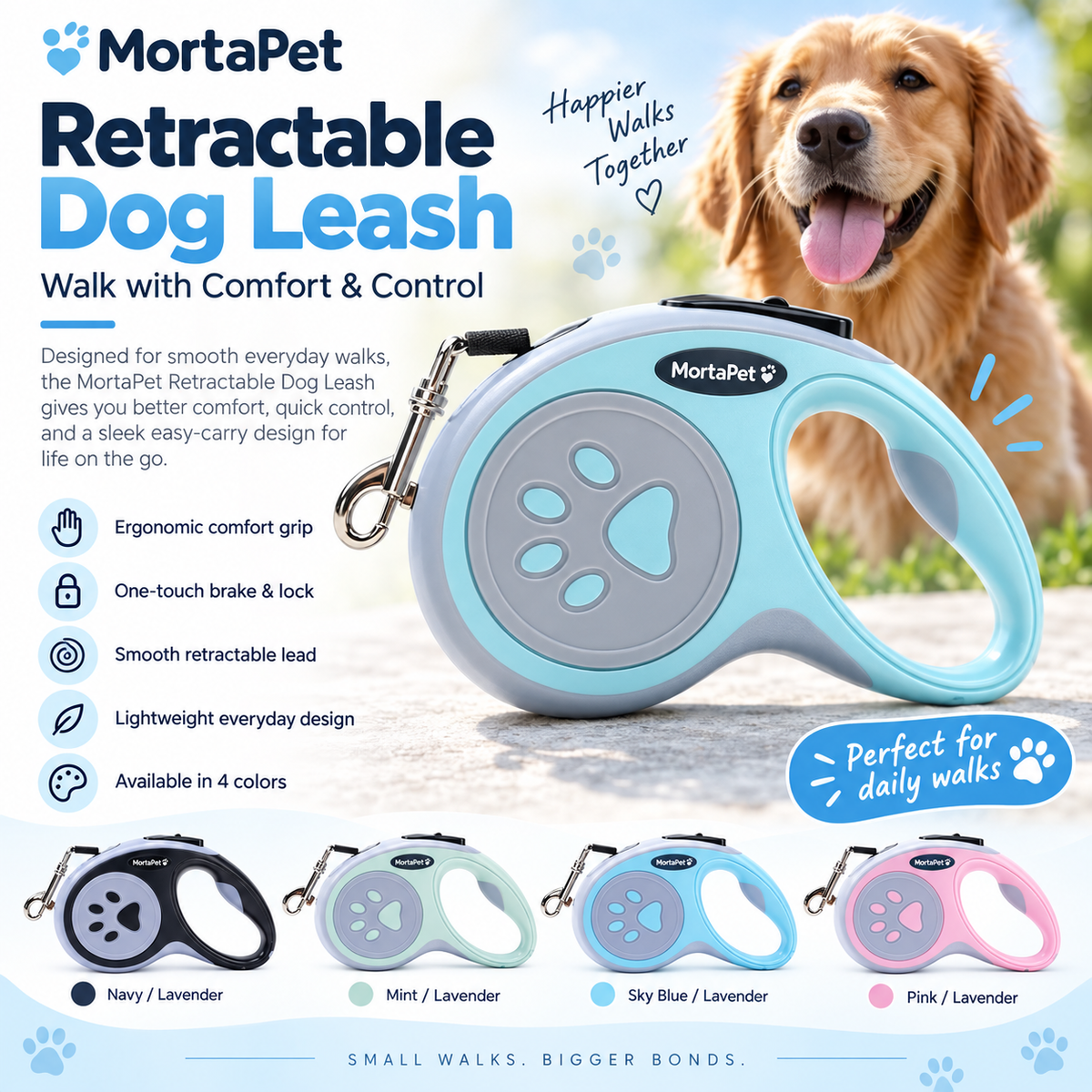 MortaPet retractable dog leash with brake and lock button