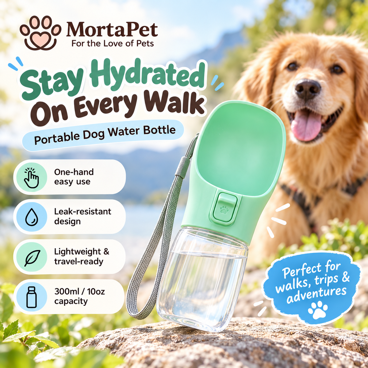 Portable dog water bottle with built-in drinking trough