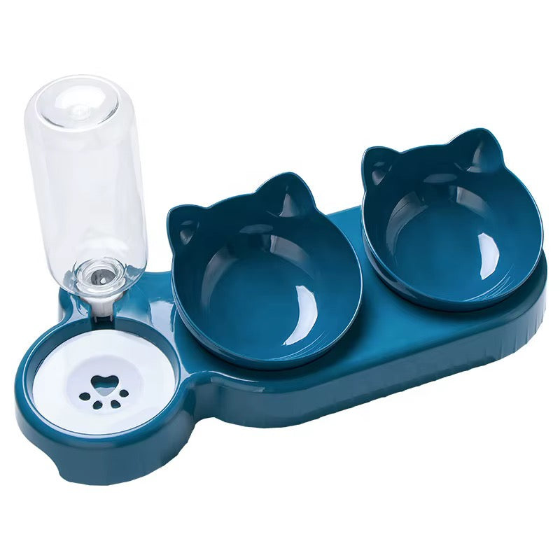 Double cat bowl set with cat-ear bowls and water bottle