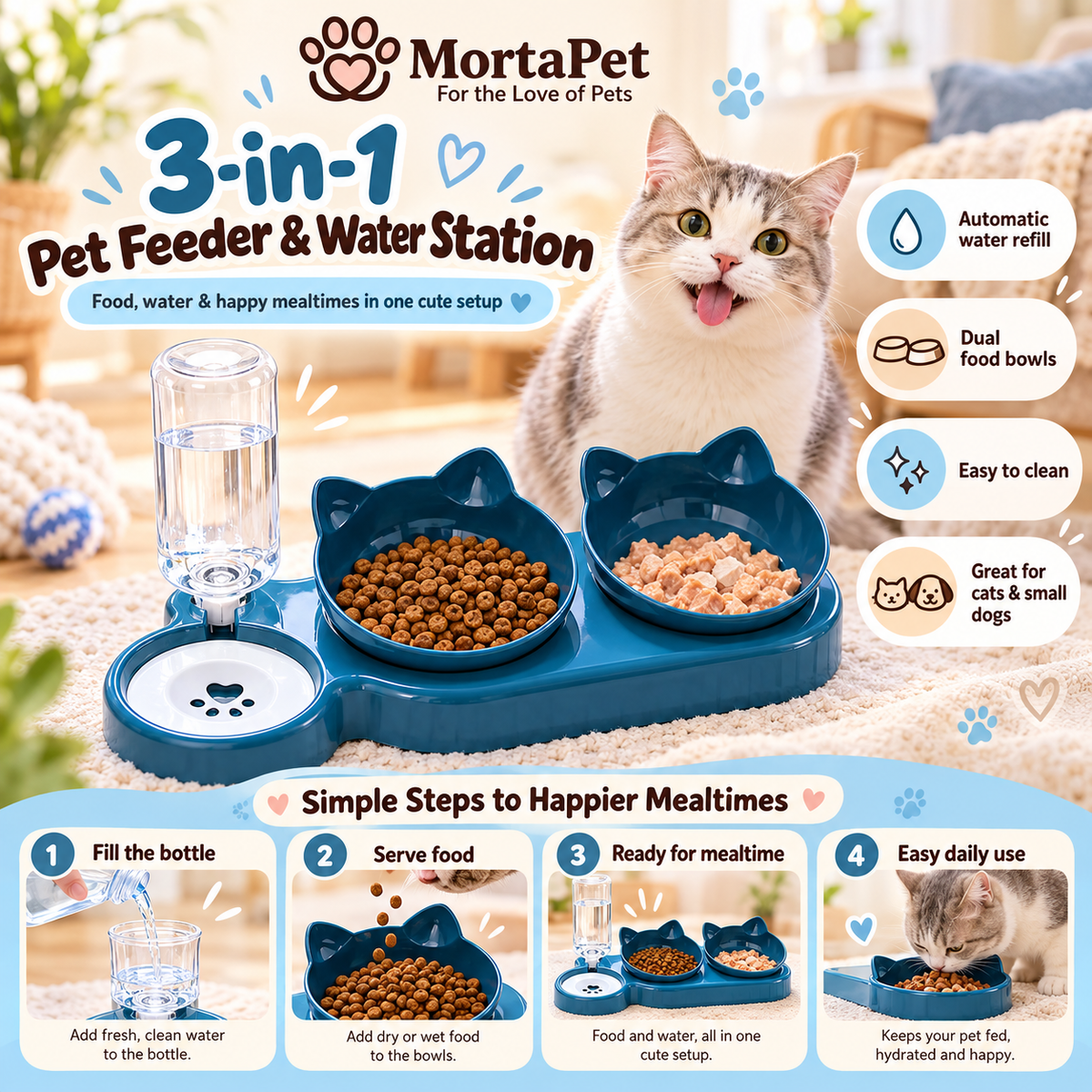 Double cat bowl set with water dispenser