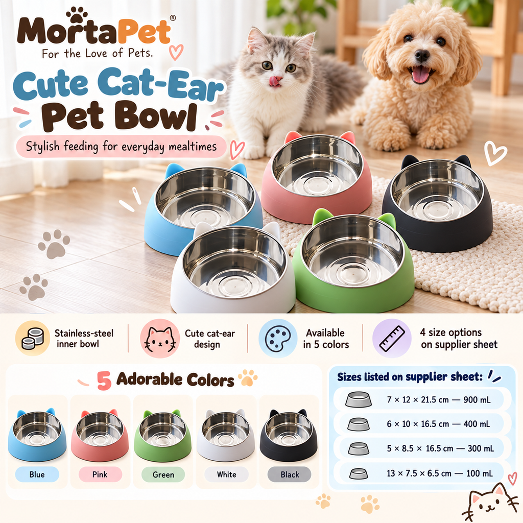 Stainless steel pet bowl in cat-ear base
