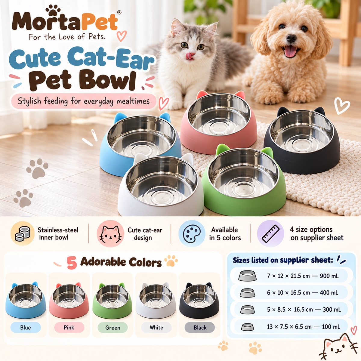 Stainless steel pet bowl in cat-ear base